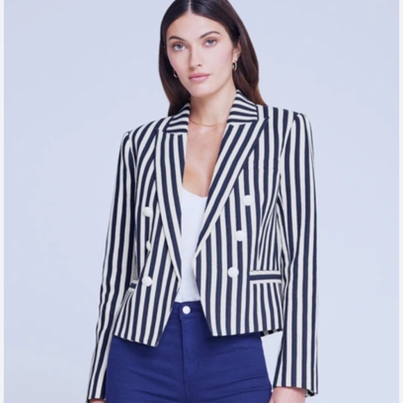 L’Agence Brooke Classic Striped Double Breasted Cropped Blazer NWT - Picture 2 of 10